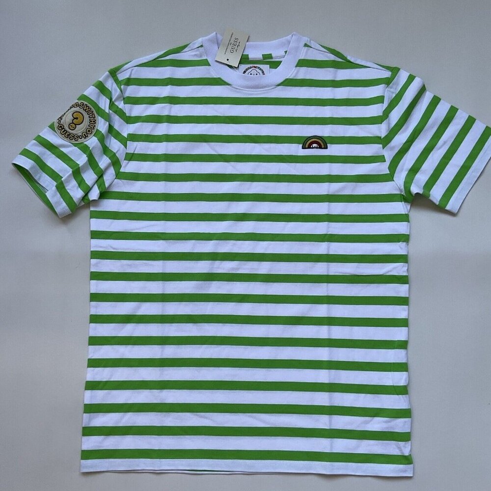 Guess Men’s FriendsWithYou Stripes T-Shirt Sort Sleeves Green/White Size S
